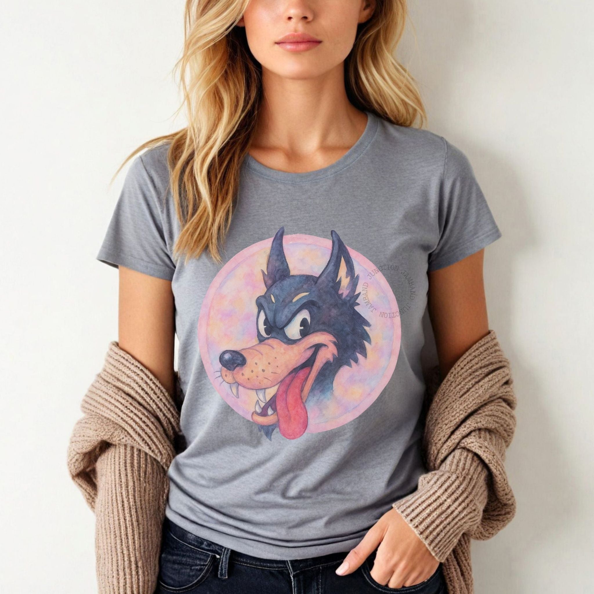 Grateful Dead Dire Wolf in Pastel women’s t-shirt featuring dreamy Fennario wolf design on soft cotton fabric.