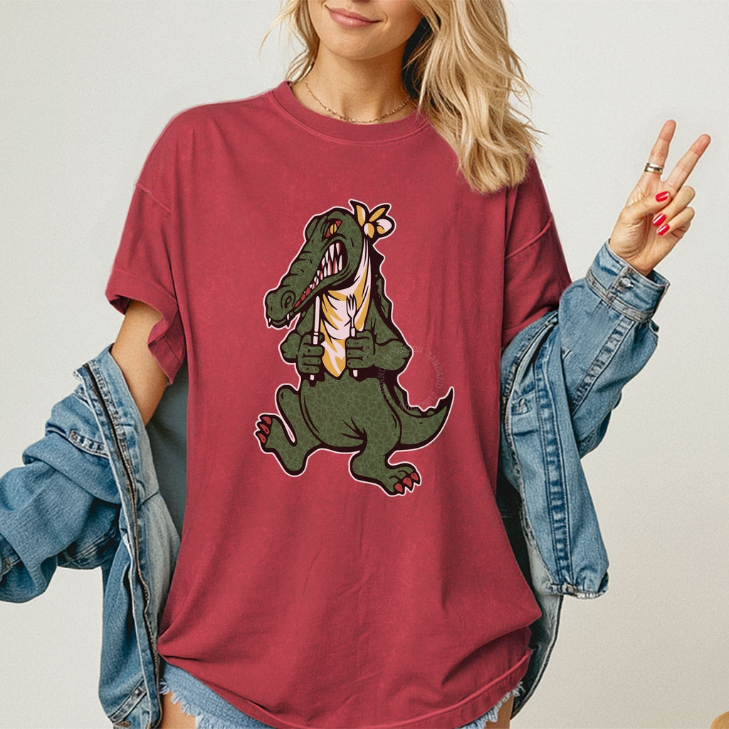 Alligator guitar design close-up printed on vintage style Comfort Colors shirt