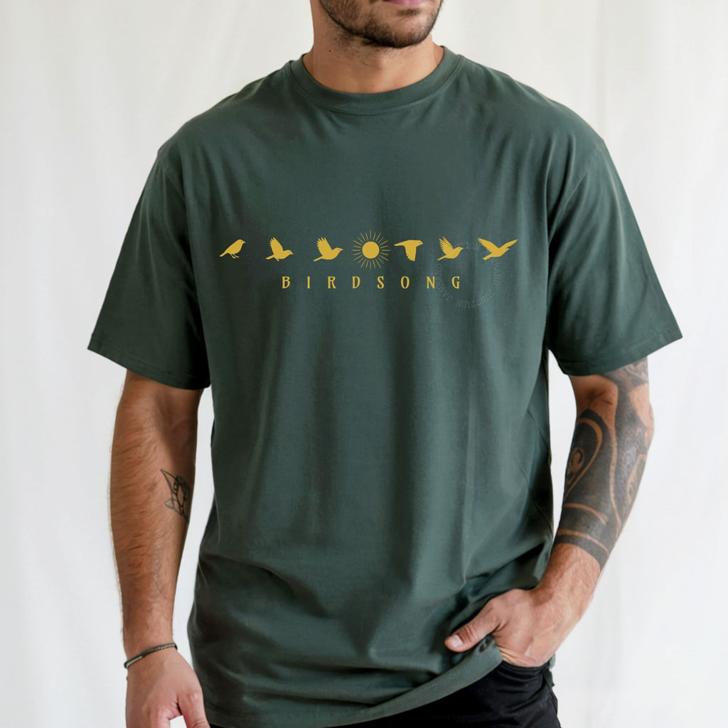 Vintage Birdsong moon phase style bird flight t-shirt for Deadheads and jamband fans