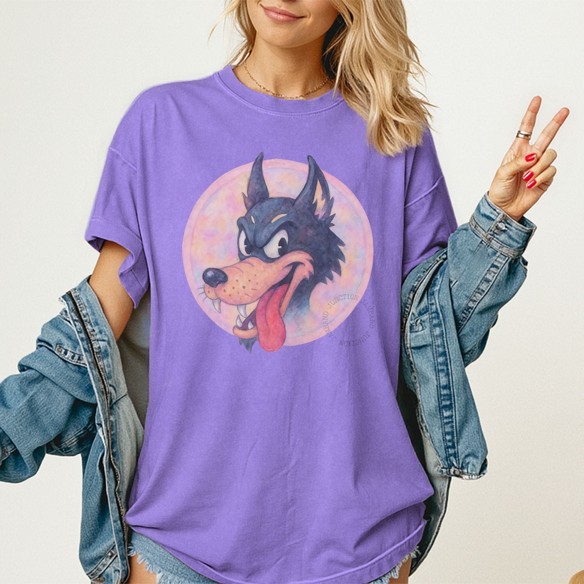 Original Dire Wolf design shirt with Deadhead aesthetic