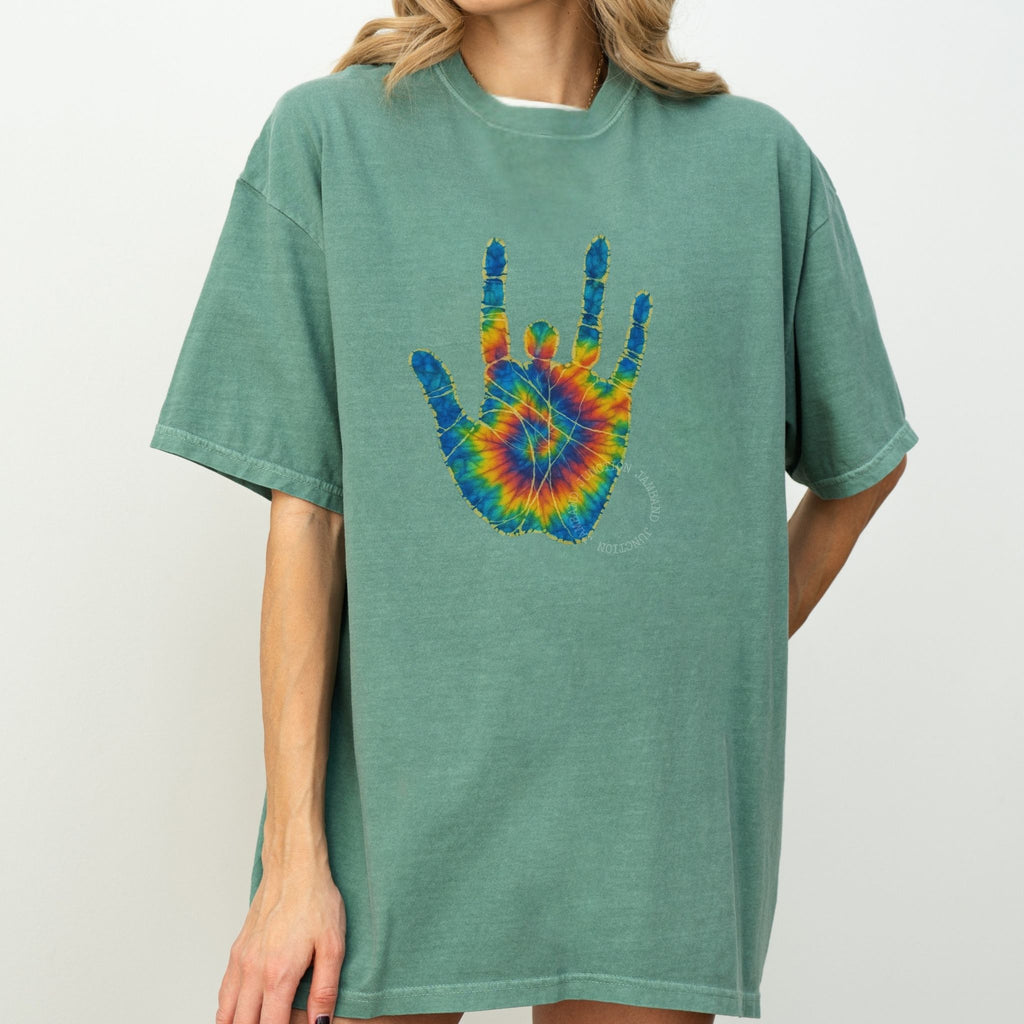 Tie-dye Jerry Hand artwork shirt in Shakedown lot style