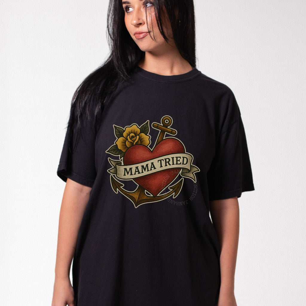 Mama Tried t-shirt with original Shakedown lot style artwork on Comfort Colors 1717