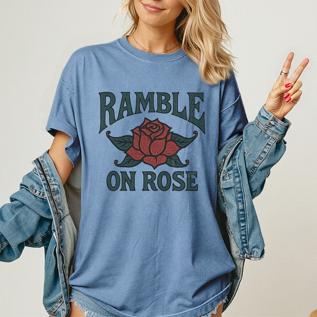 Original Ramble on Rose design shirt with Deadhead aesthetic
