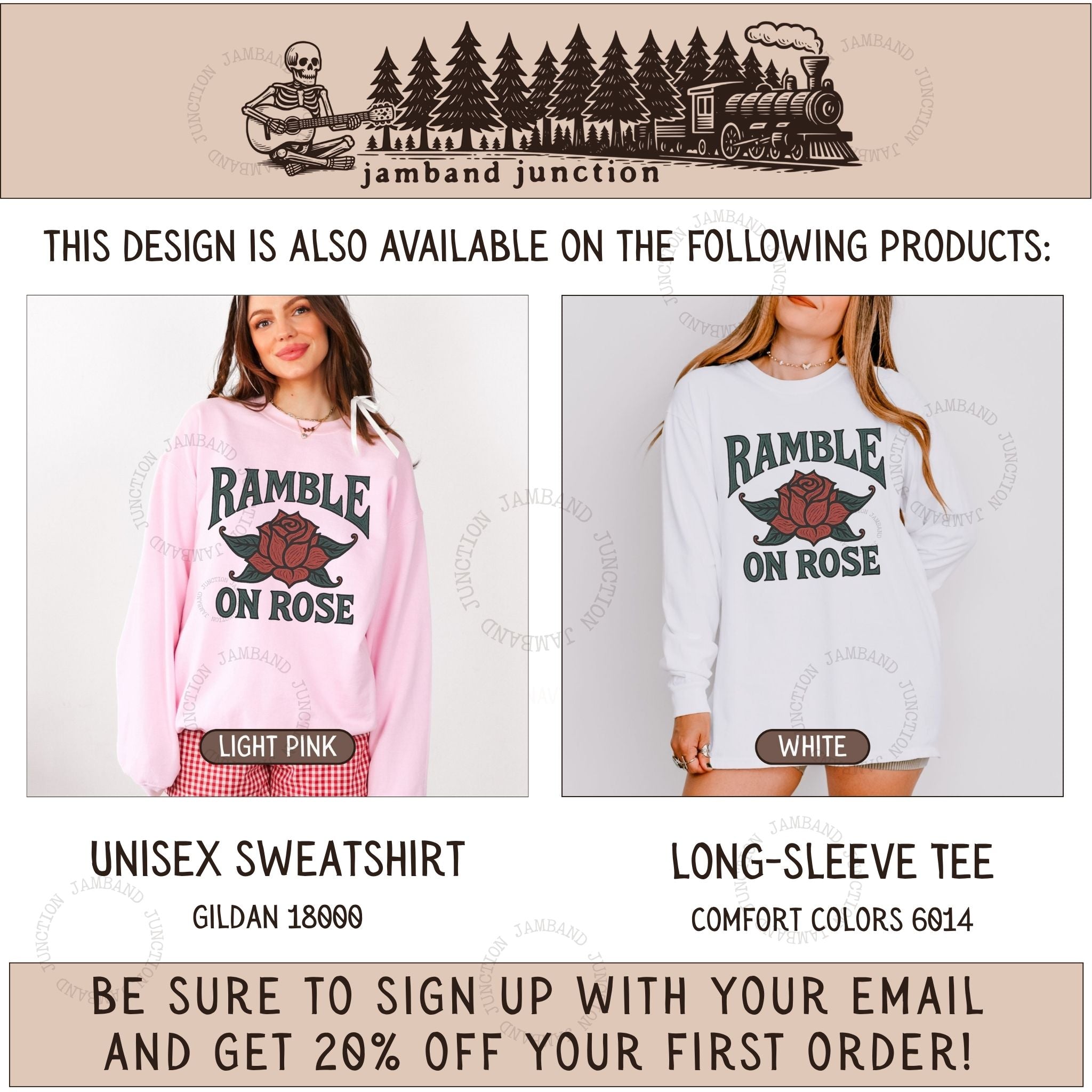 Ramble on Rose design also available on long sleeve and sweatshirt