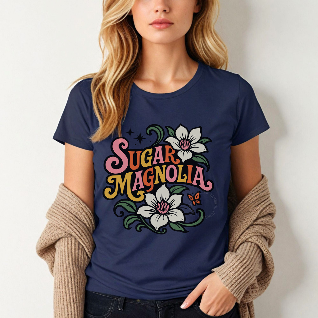 Shakedown lot style Sugar Magnolia design printed on a Gildan women’s softstyle semi-fitted tee.