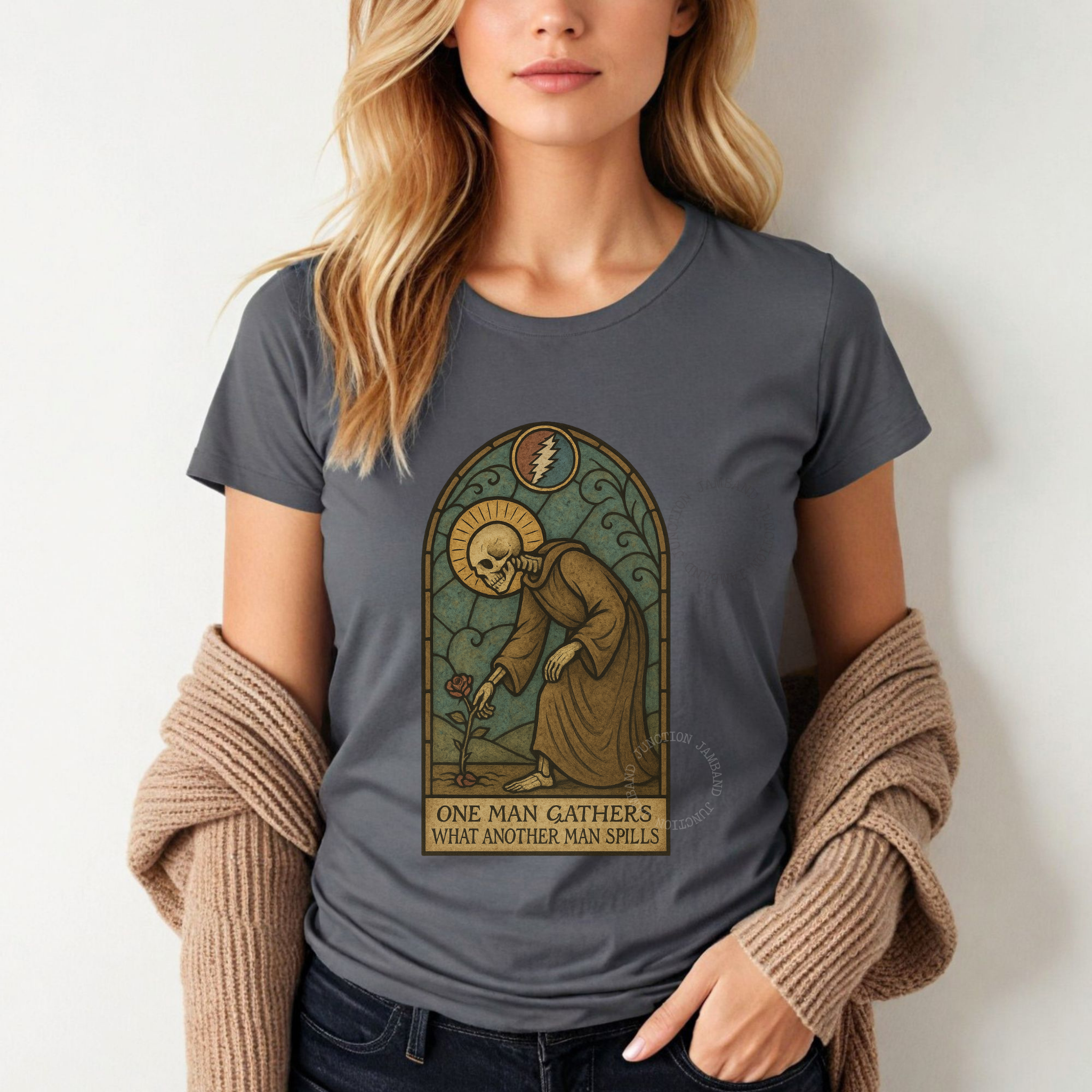 St. Stephen design printed on a Gildan women’s softstyle t-shirt for Deadhead mamas and music lovers