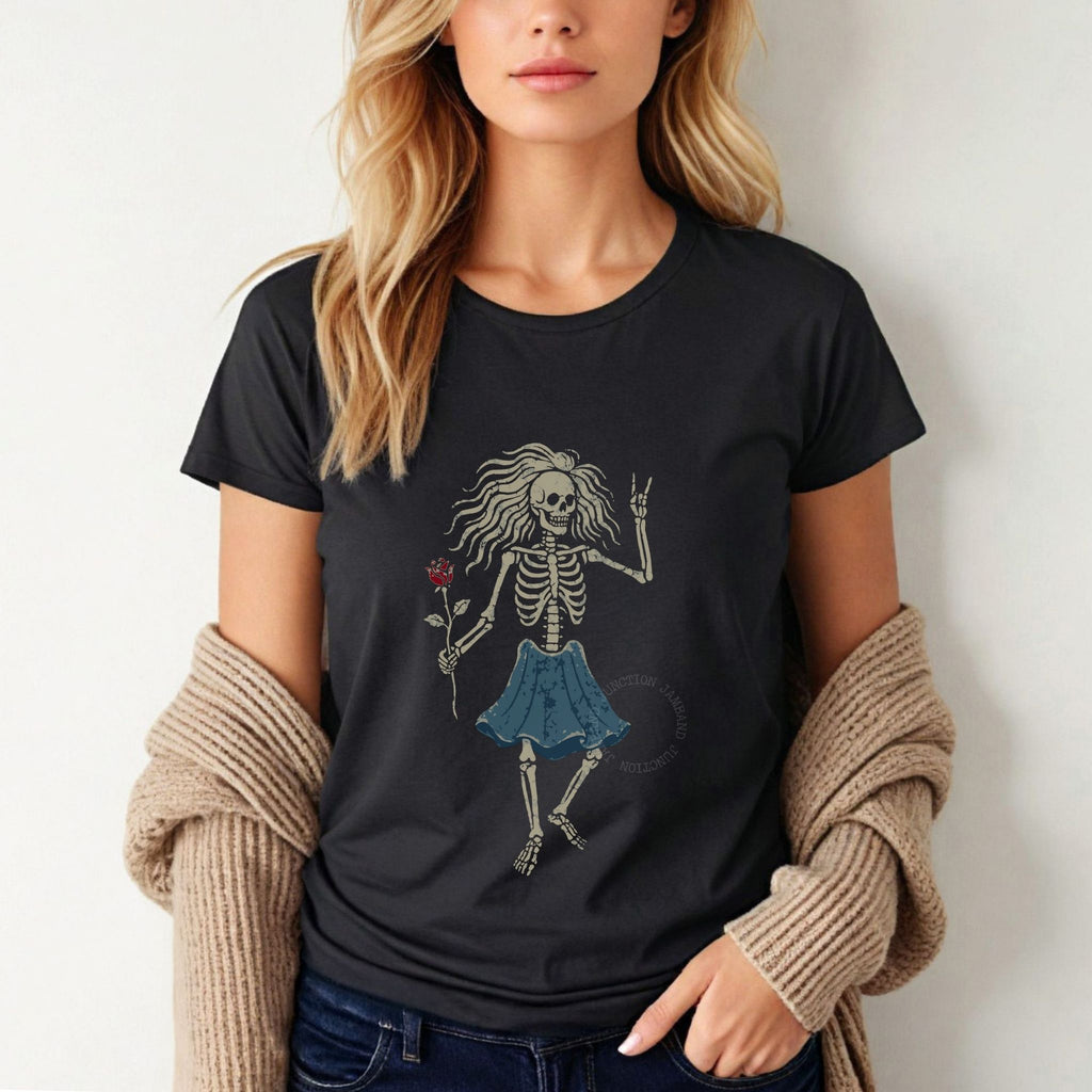 Jerry Garcia Rosebud Guitar women’s t-shirt featuring vintage floral and guitar artwork on soft cotton.