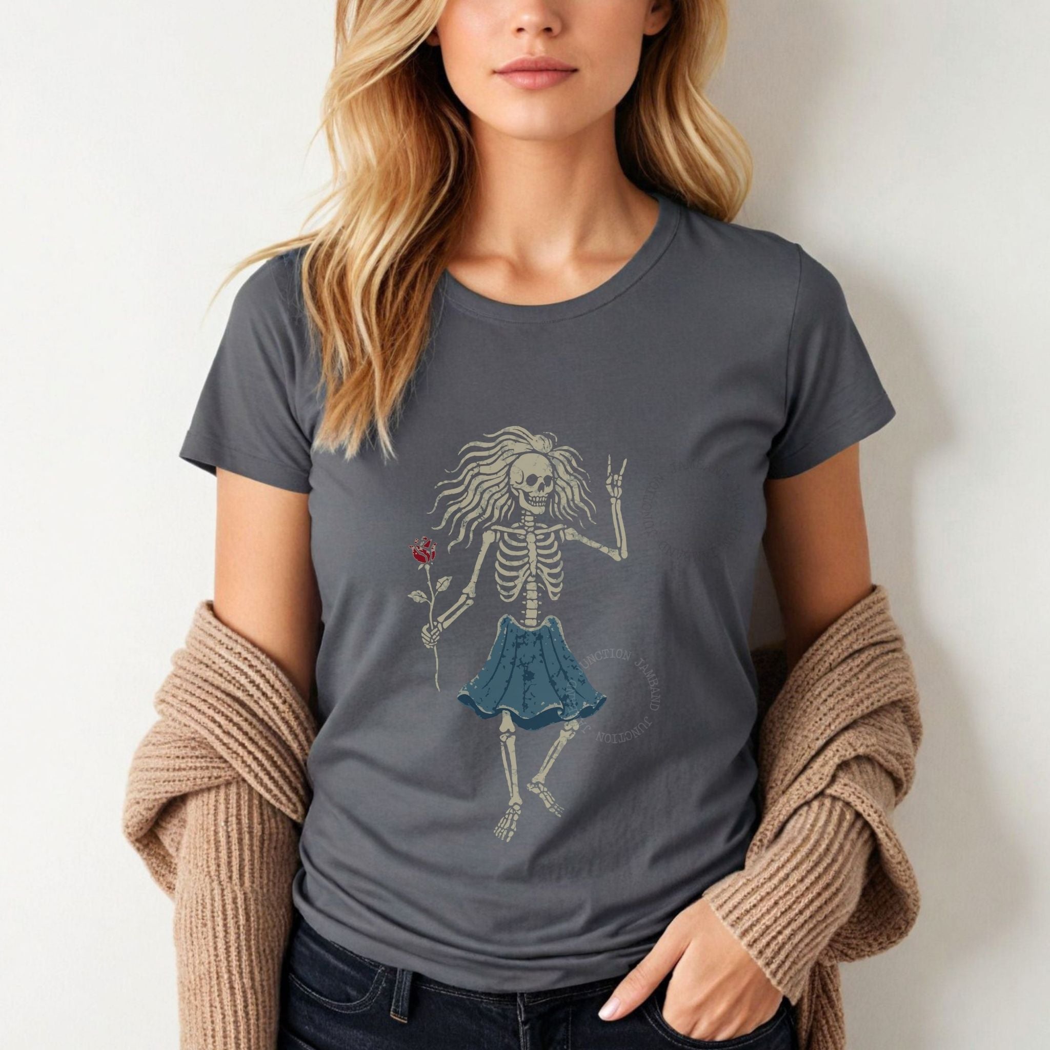 Jerry Garcia women’s cut tee with Rosebud guitar design inspired by his soulful spirit and Shakedown style.