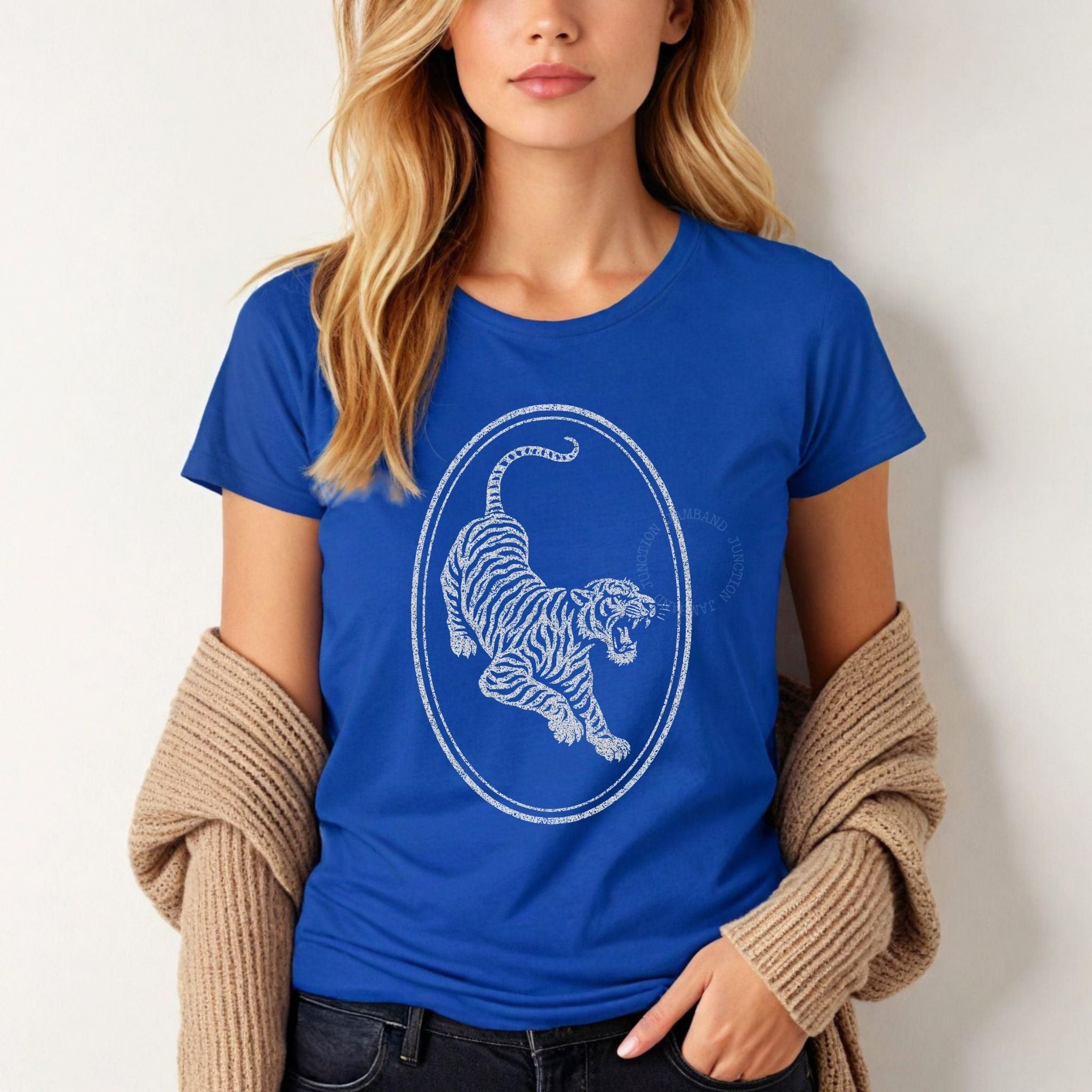 Women’s cut Tiger Guitar t-shirt in earthy tones with detailed artwork and vintage-inspired feel.