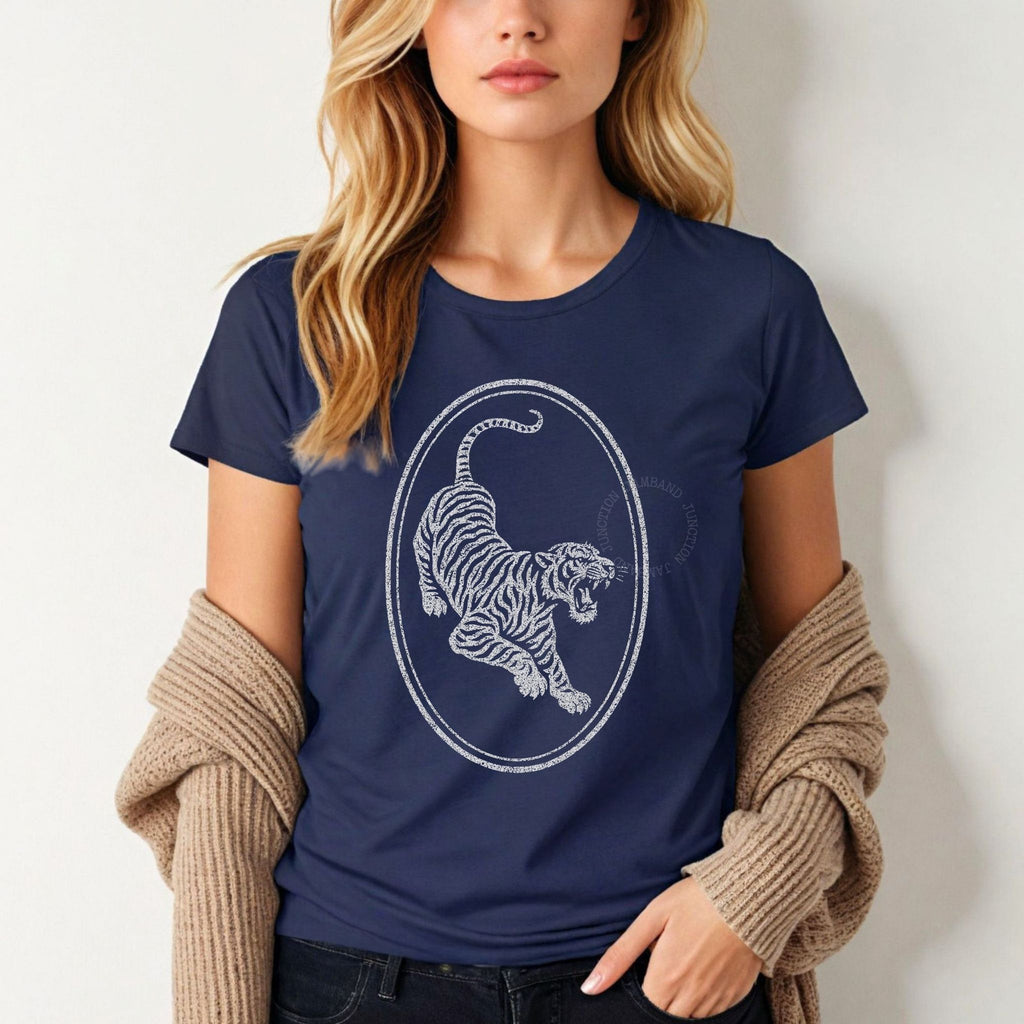 Women’s cut tee with jerry garcia tiger guitar artwork inspired by classic jam scene creativity and sound.