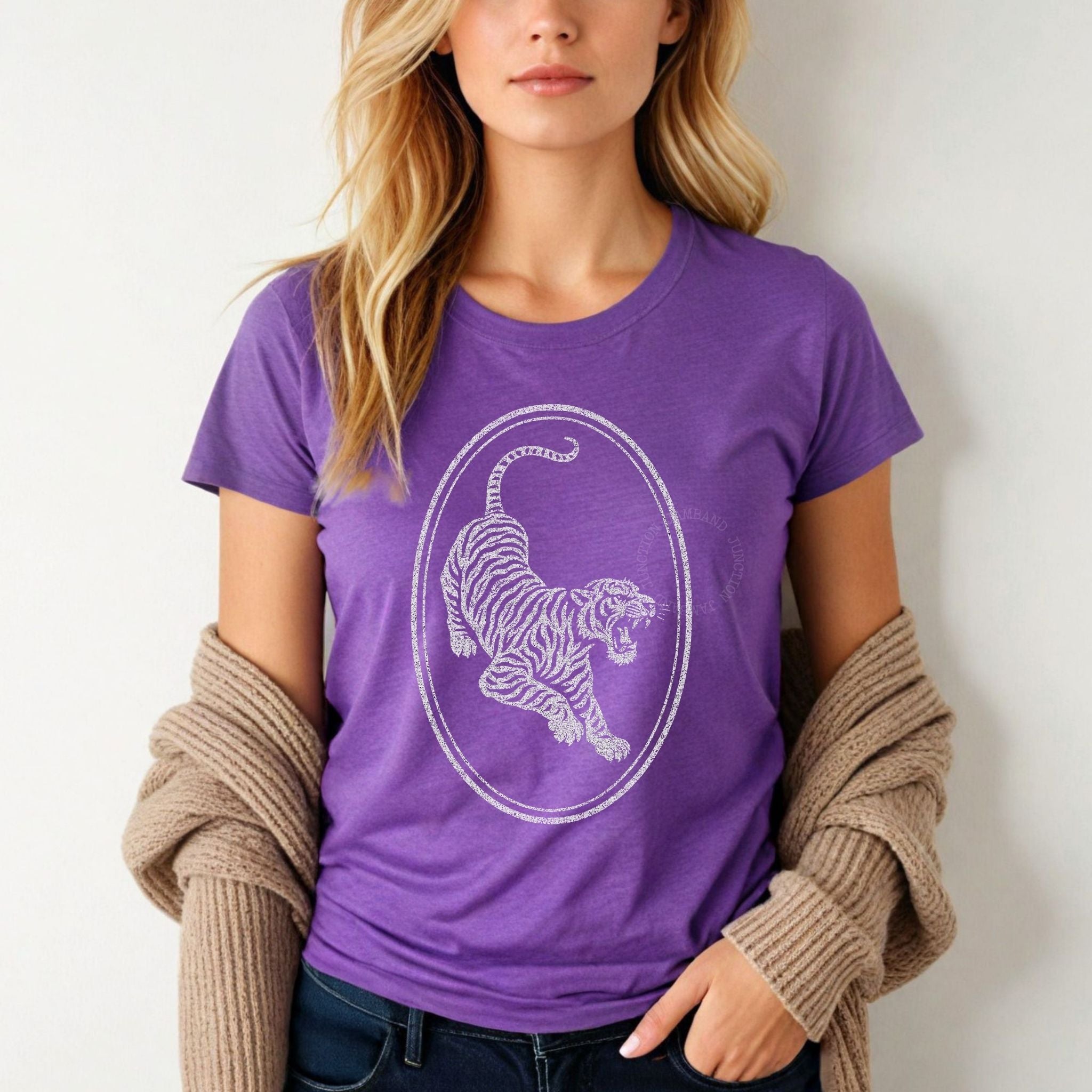 Shakedown lot style tiger guitar design printed on a Gildan women’s softstyle semi-fitted tee.