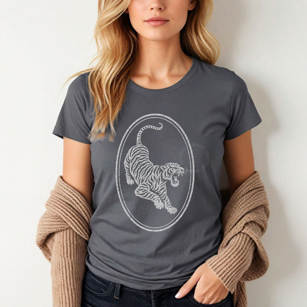 Tiger Guitar design printed on a Gildan women’s softstyle t-shirt for music lovers and festival goers.