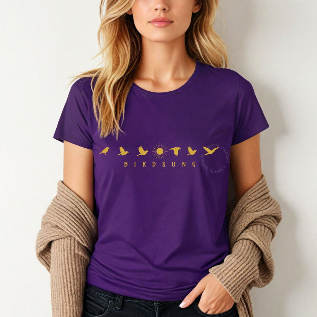 Shakedown lot style Birdsong design printed on a Gildan women’s softstyle semi-fitted tee.