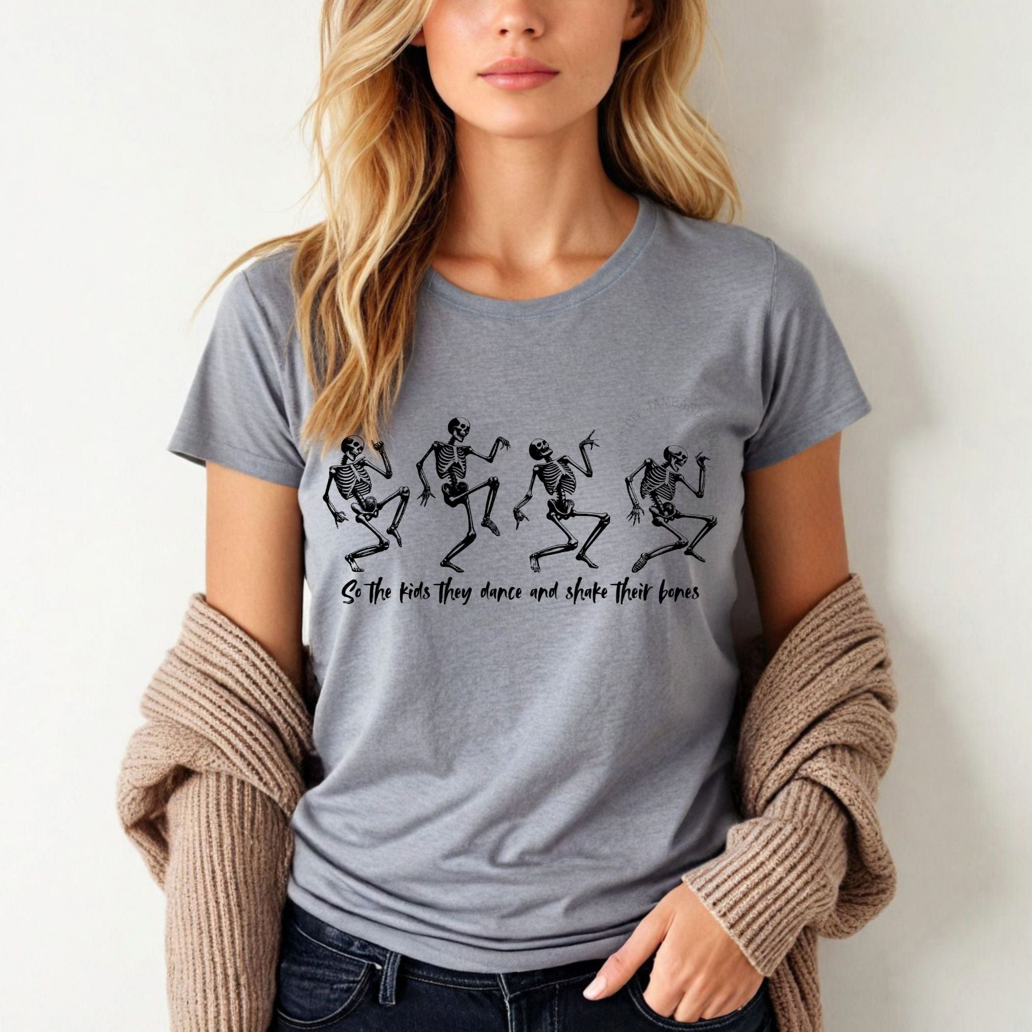 Grateful Dead women’s cut tee with Throwing Stones dancing skeletons