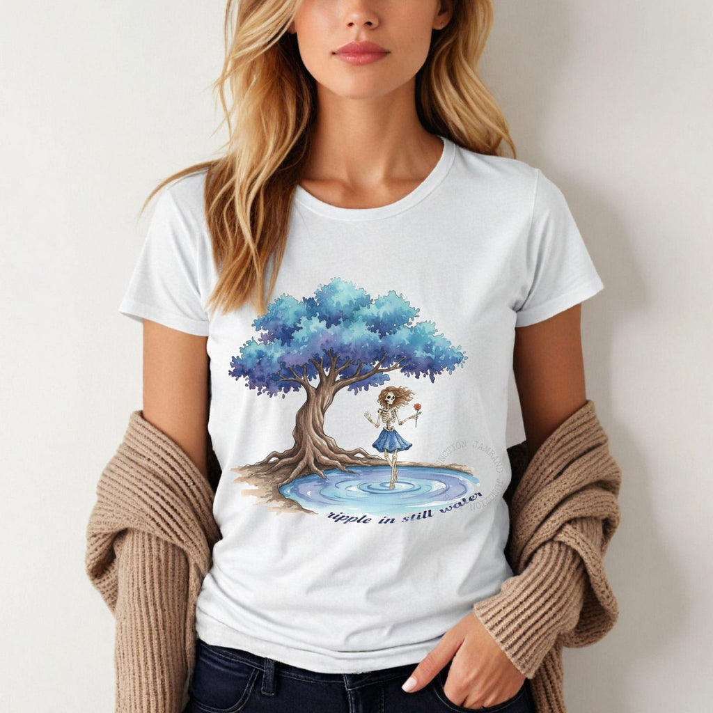 Grateful Dead Ripple women’s t-shirt featuring Rosebud guitar original artwork inspired by classic lyrics and lot style.