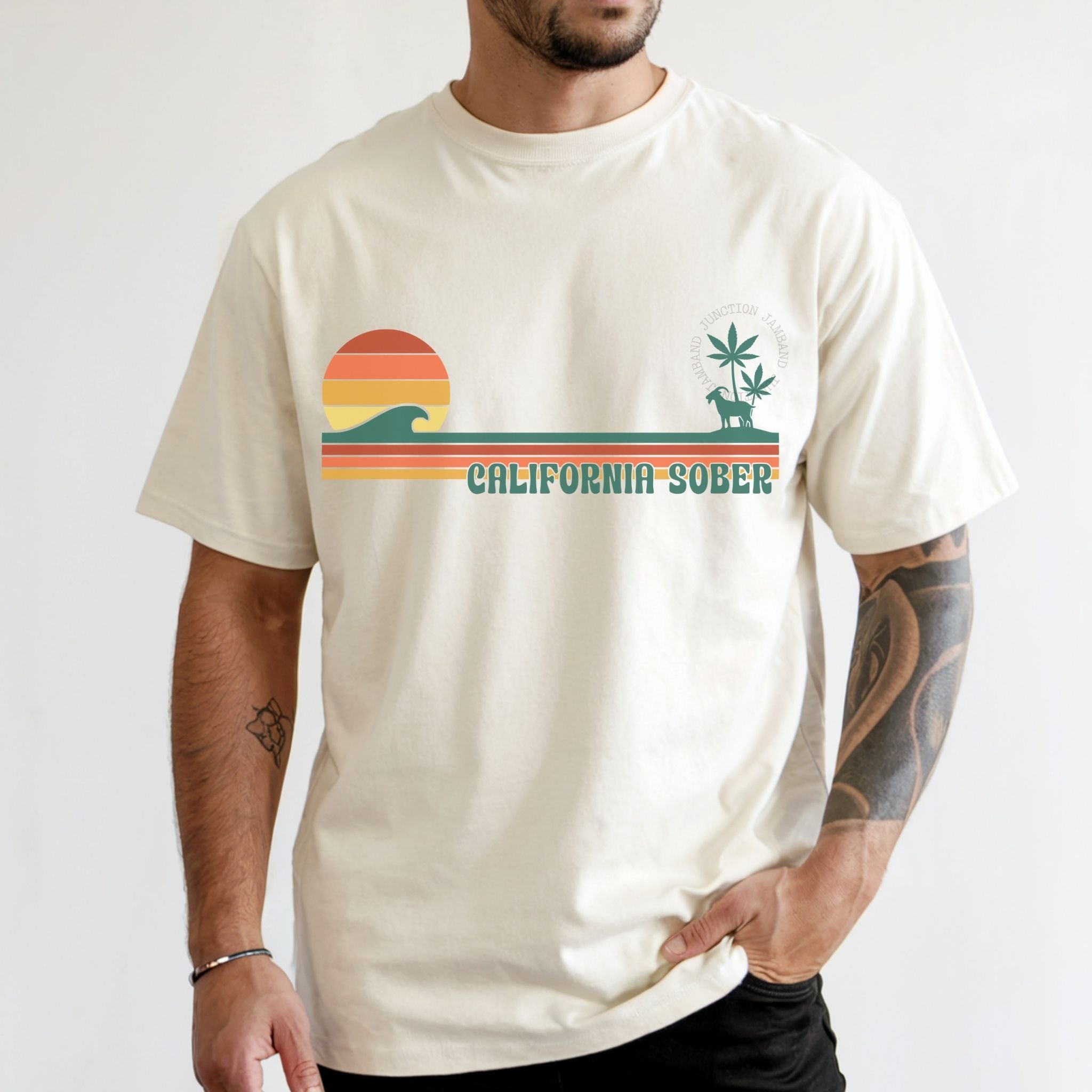 Shakedown lot style California Sober design printed on a Comfort Colors 1717 relaxed fit tee.