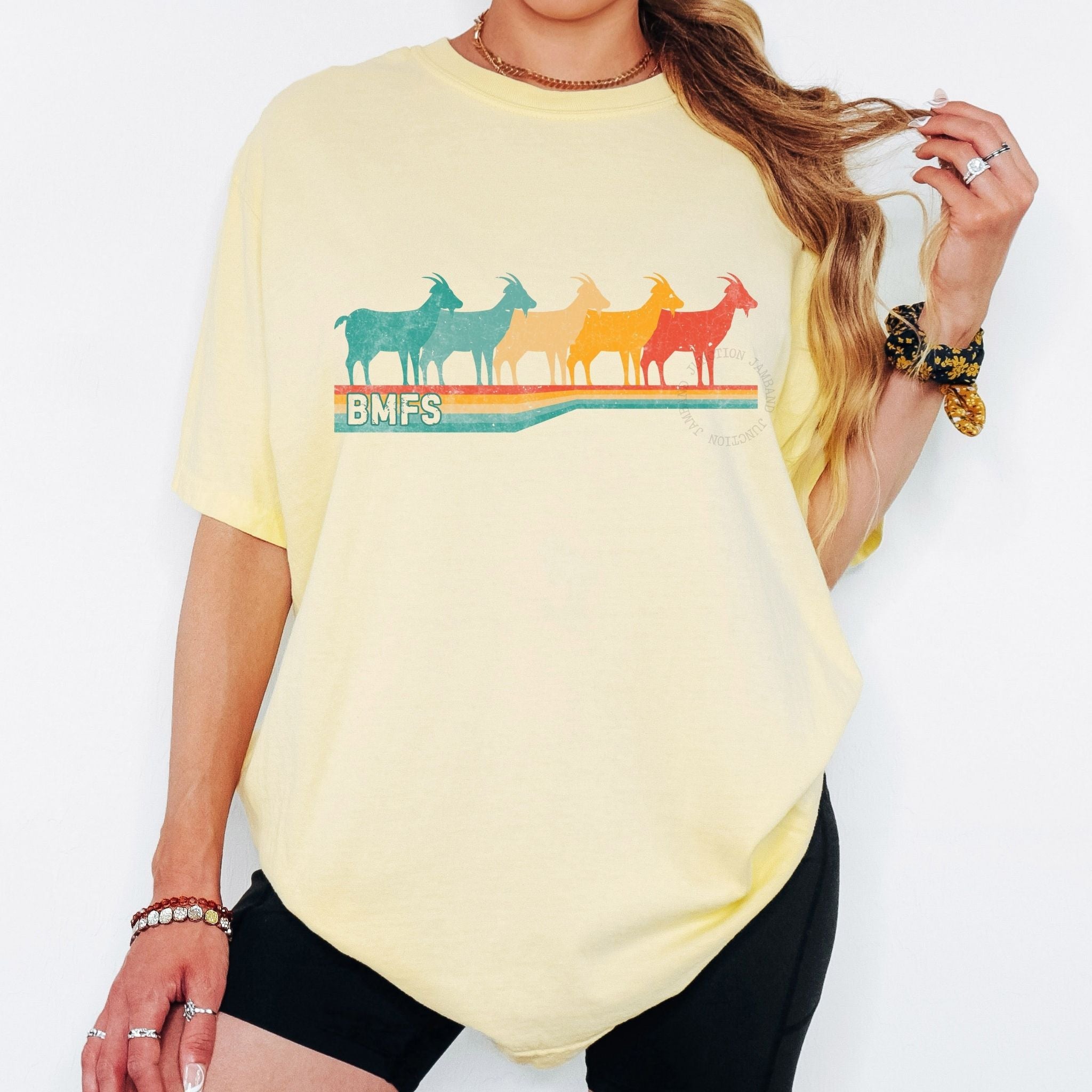 Shakedown lot style Retro Goats design printed on a Comfort Colors 1717 relaxed fit tee.