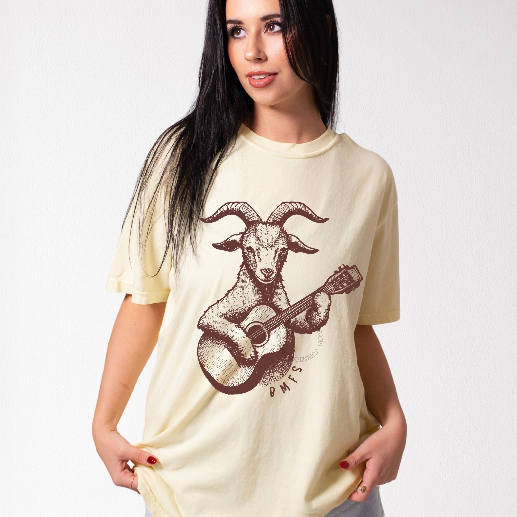 Billy Strings Goat and Guitar t-shirt featuring original artwork and Shakedown lot style design.