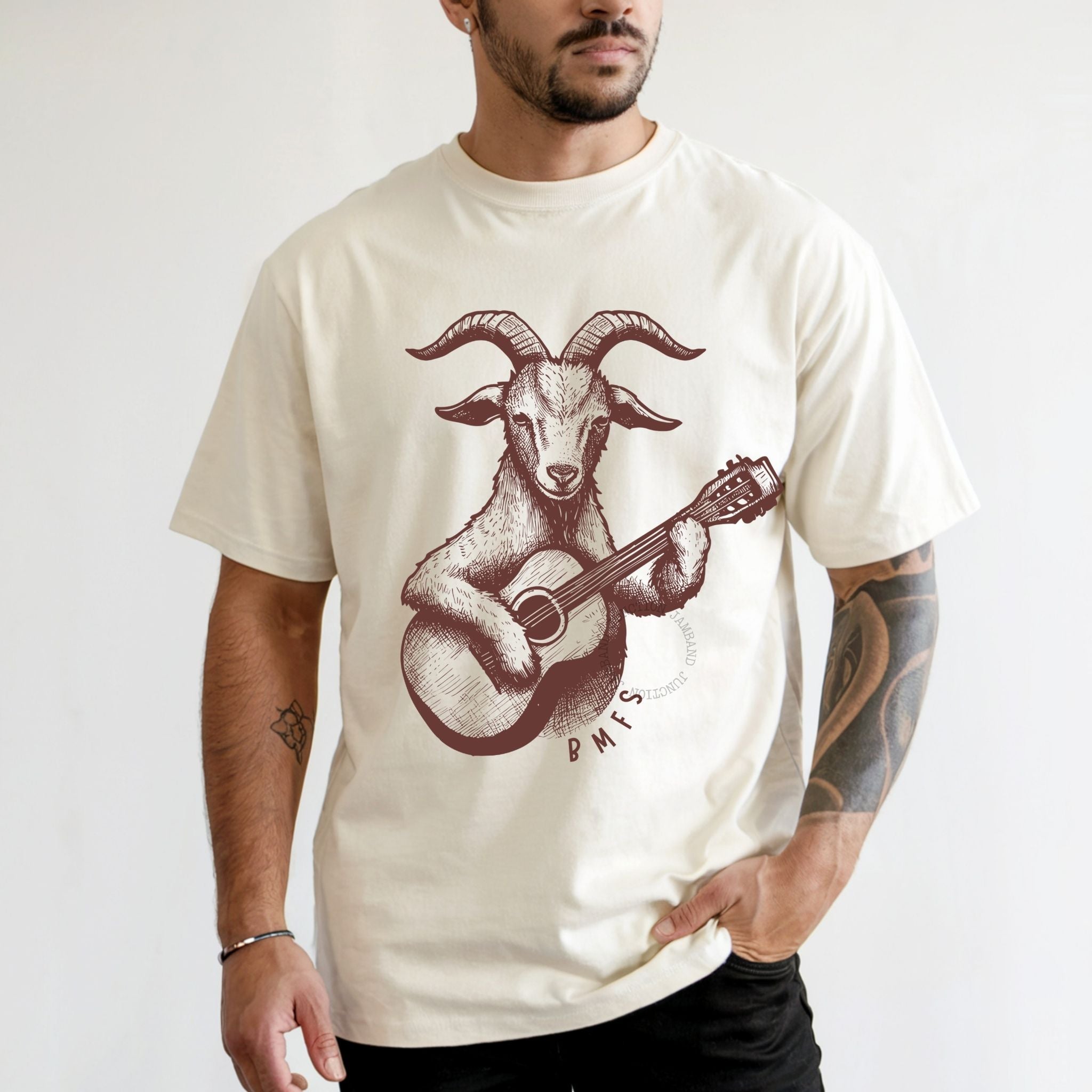 Goat and Guitar artwork t-shirt made for BMFS fans who live for the jam and the road ahead.