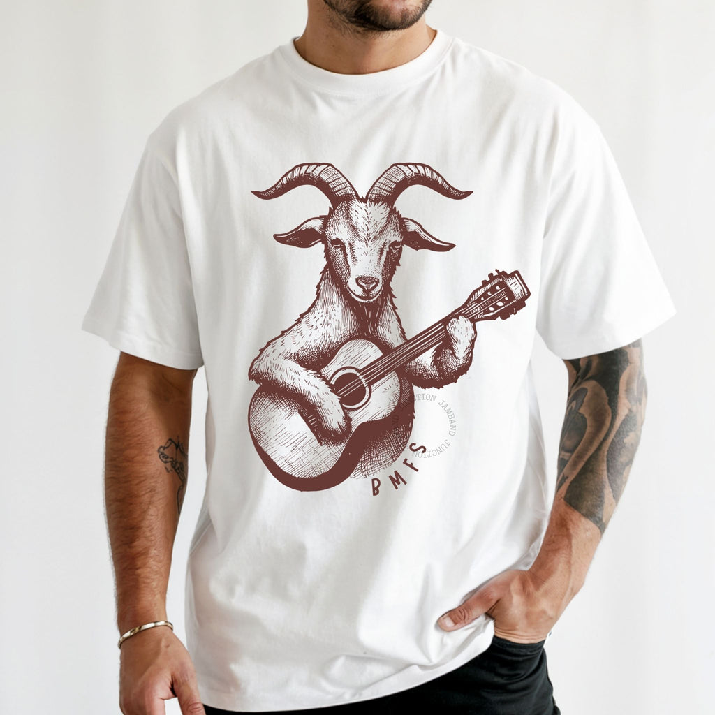 Goat and Guitar design printed on a Comfort Colors 1717 t-shirt for jam band fans and festival goers.