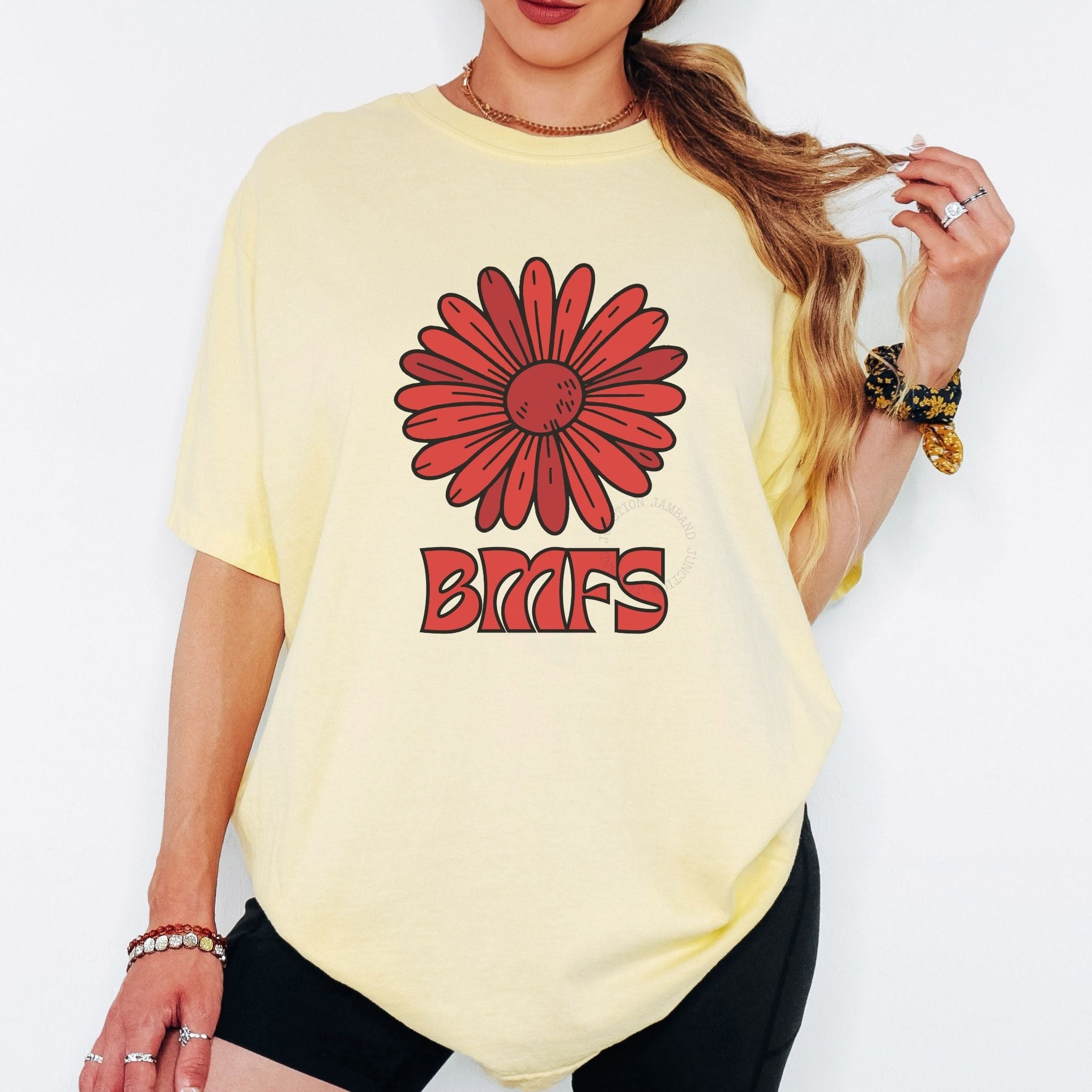 Red Daisy design printed on a Comfort Colors 1717 t-shirt for festival fans and BMFS followers.
