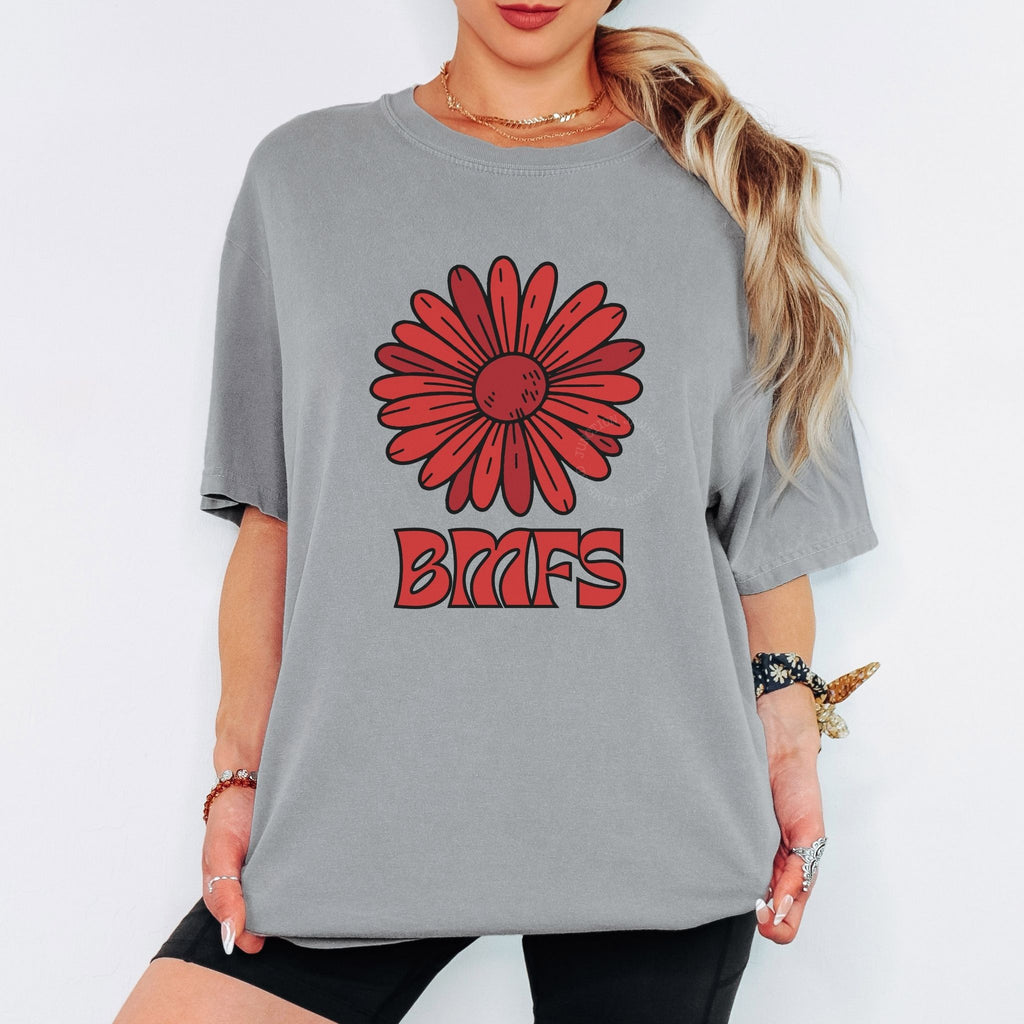 Shakedown lot style Red Daisy design printed on a Comfort Colors 1717 relaxed fit tee.