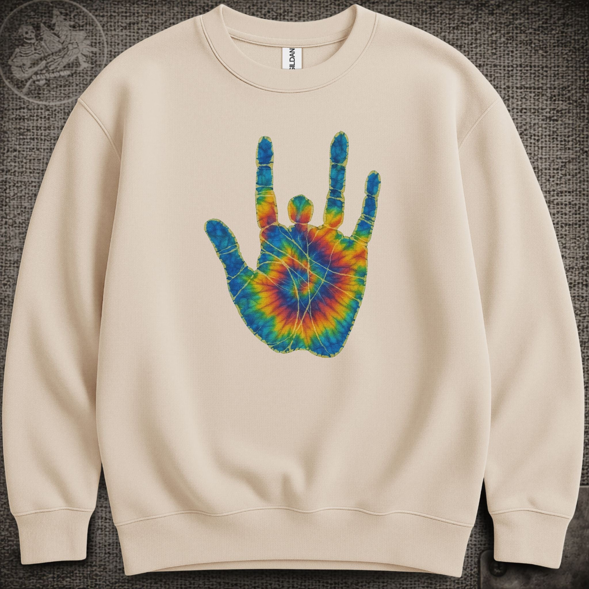 Jerry Garcia Hand | Jerry's Tie-Dye Handprint Shakedown Lot Style Crewneck Sweatshirt