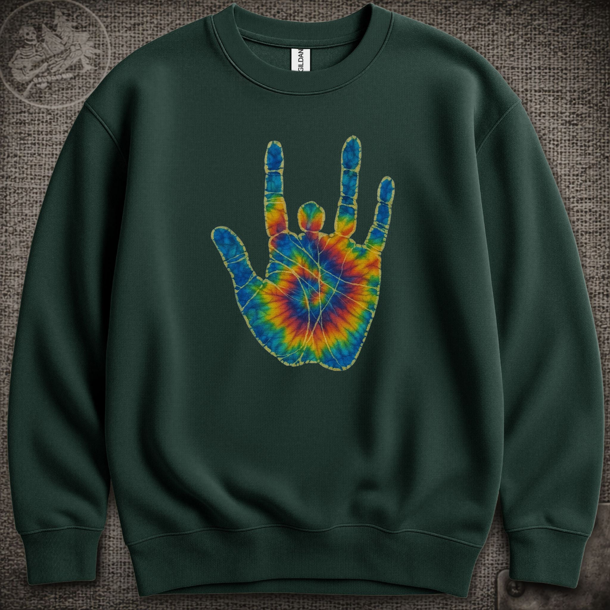 Jerry Garcia Hand | Jerry's Tie-Dye Handprint Shakedown Lot Style Crewneck Sweatshirt