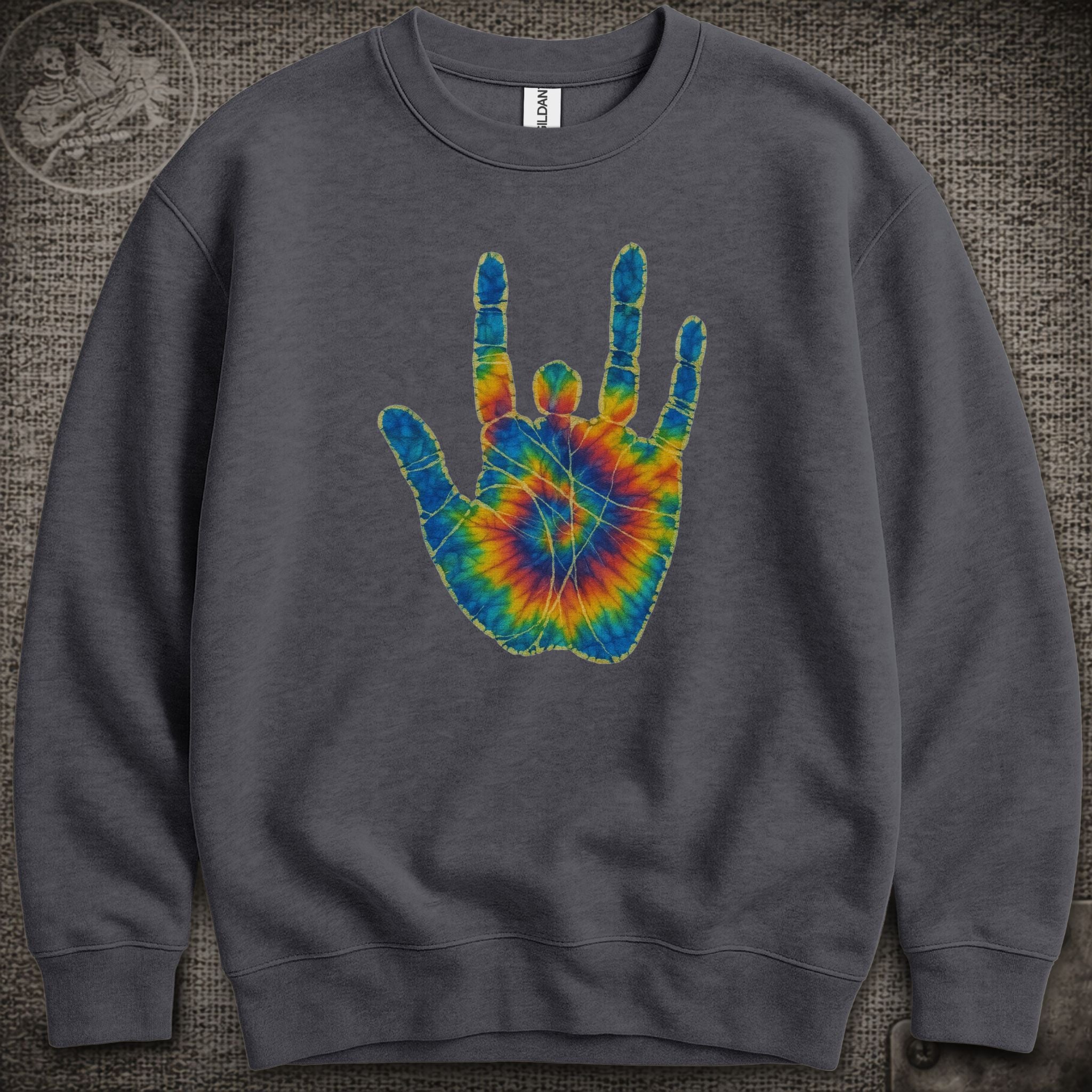 Jerry Garcia Hand | Jerry's Tie-Dye Handprint Shakedown Lot Style Crewneck Sweatshirt