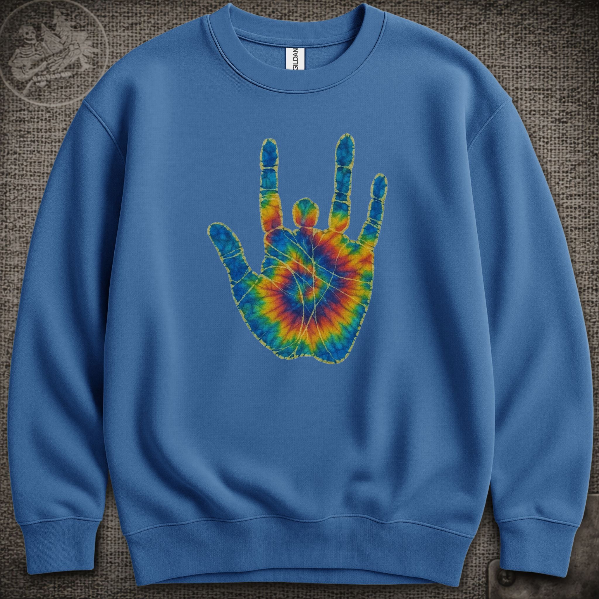 Jerry Garcia Hand | Jerry's Tie-Dye Handprint Shakedown Lot Style Crewneck Sweatshirt