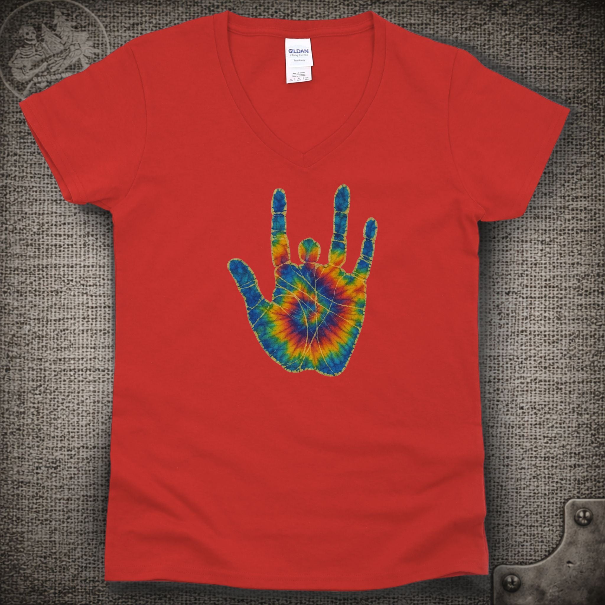 Jerry Garcia Hand | Jerry's Tie-Dye Handprint Shakedown Lot Style Ladies V-Neck Tee