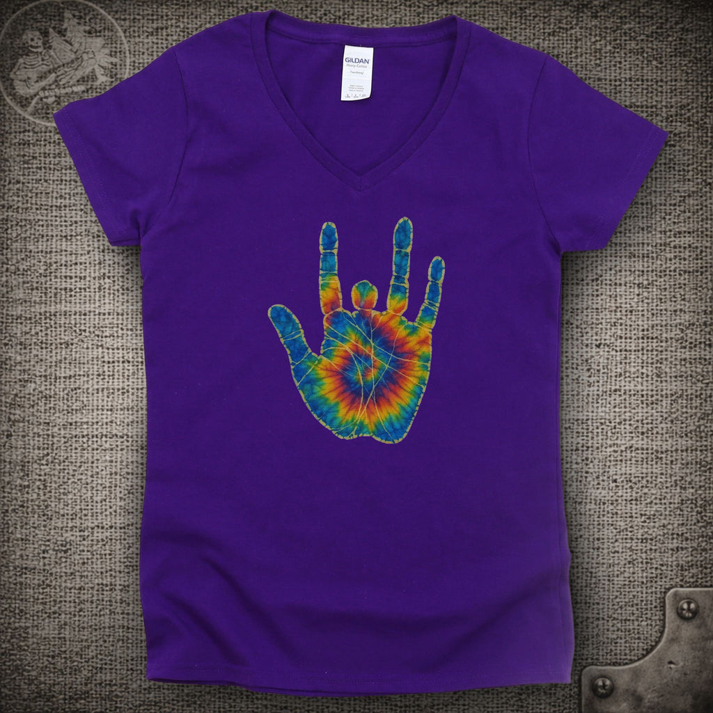 Jerry Garcia Hand | Jerry's Tie-Dye Handprint Shakedown Lot Style Ladies V-Neck Tee