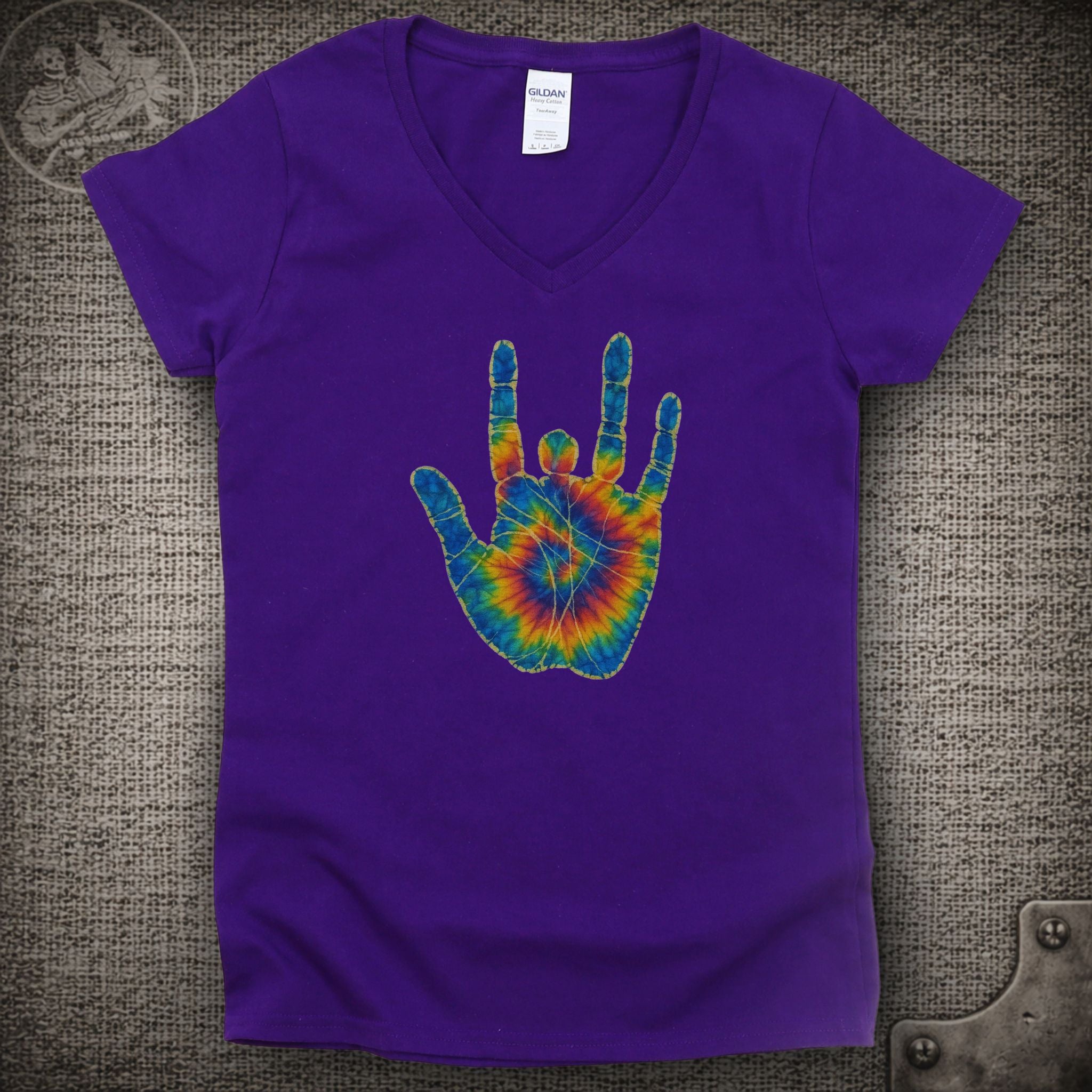 Jerry Garcia Hand | Jerry's Tie-Dye Handprint Shakedown Lot Style Ladies V-Neck Tee