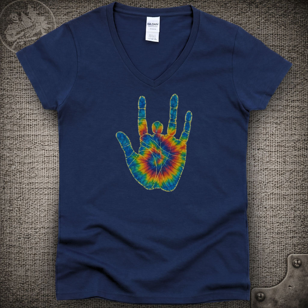 Jerry Garcia Hand | Jerry's Tie-Dye Handprint Shakedown Lot Style Ladies V-Neck Tee