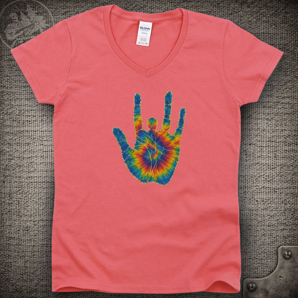 Jerry Garcia Hand | Jerry's Tie-Dye Handprint Shakedown Lot Style Ladies V-Neck Tee