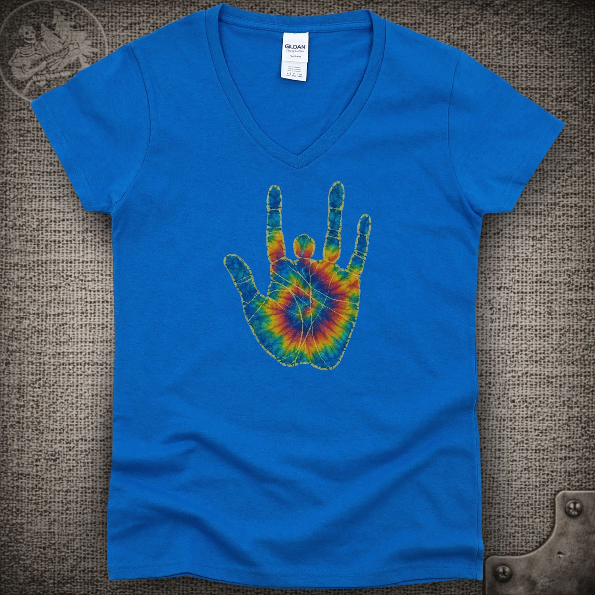 Jerry Garcia Hand | Jerry's Tie-Dye Handprint Shakedown Lot Style Ladies V-Neck Tee