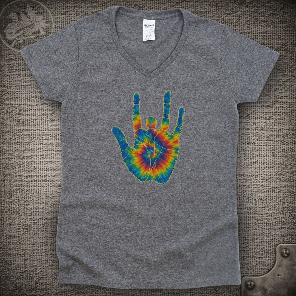 Jerry Garcia Hand | Jerry's Tie-Dye Handprint Shakedown Lot Style Ladies V-Neck Tee