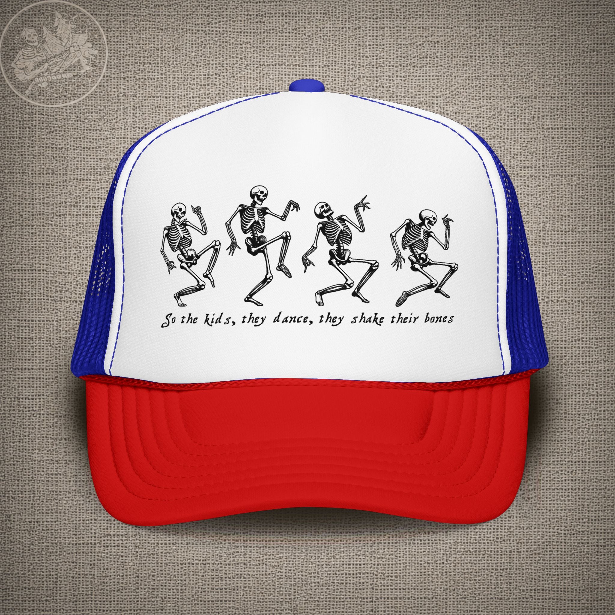 Throwing Stones | Grateful Dead Dancing Skeletons Shakedown Lot Style Trucker Hat