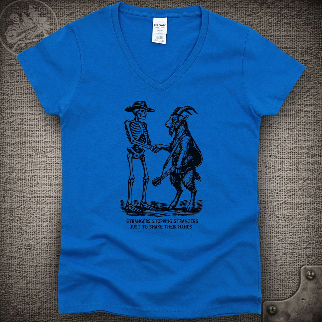 Strangers Stopping Strangers | Grateful Dead and Billy Strings Mashup Shakedown Lot Style Ladies V-Neck Tee