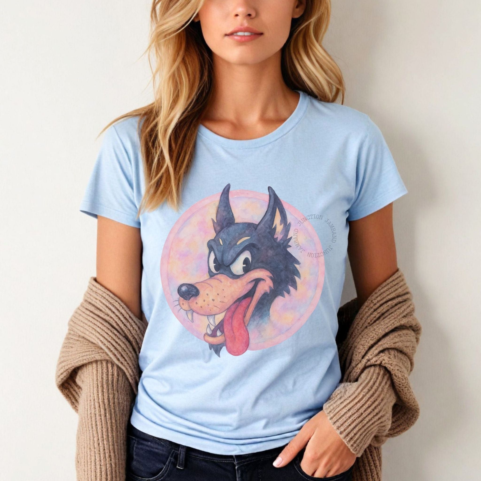 Grateful Dead Dire Wolf design on a soft Gildan women’s t-shirt perfect for Deadhead mamas and music lovers.