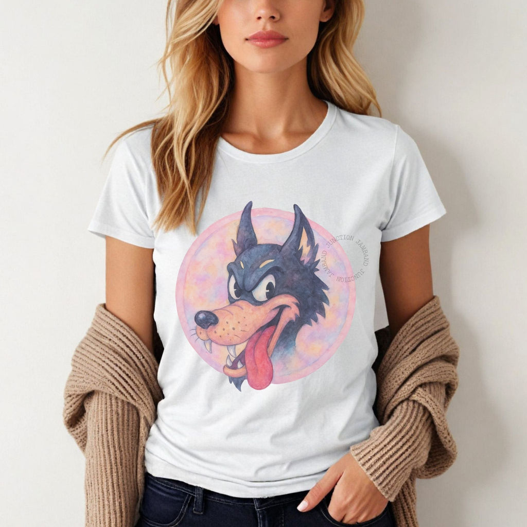 Pastel Dire Wolf design on a soft Gildan women’s t-shirt perfect for Deadhead mamas and music lovers.