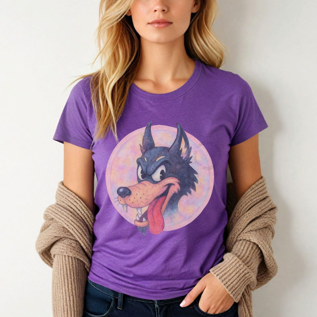 Women’s cut Dire Wolf t-shirt in pastel tones, ideal for fans of the Grateful Dead and lyrical art.