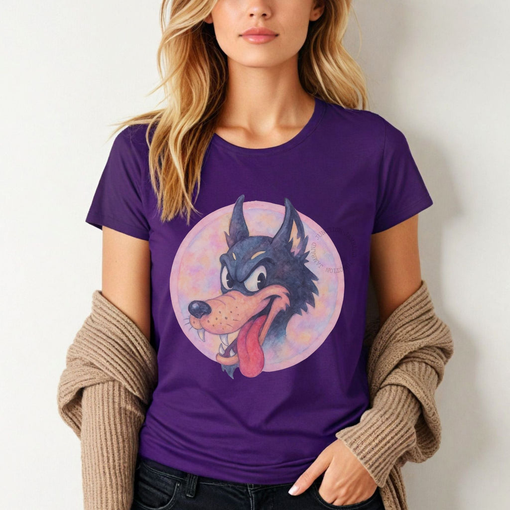 Dire Wolf pastel artwork women’s shirt designed for Grateful Dead fans and festival wanderers.