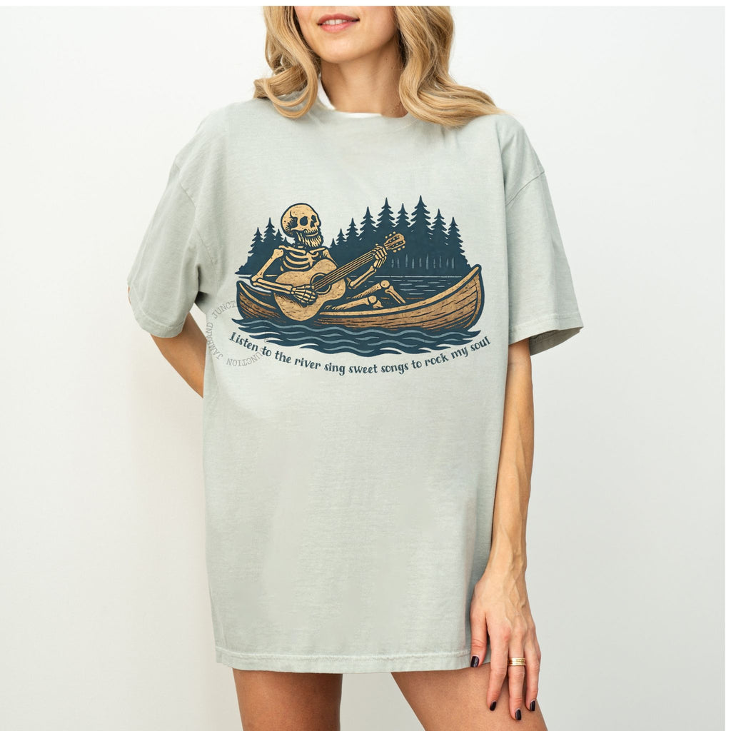 Vintage folk style lyric shirt with Shakedown lot energy